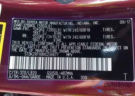 2017 Toyota Highlander Xle from USA, damaged, VIN 5TDKZRFH9HS234677